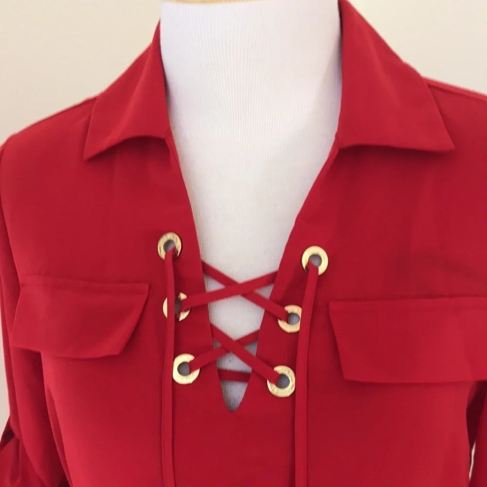 New! Calvin Klein SZ 4, red shirt lace up dress . - Picture 3 of 9